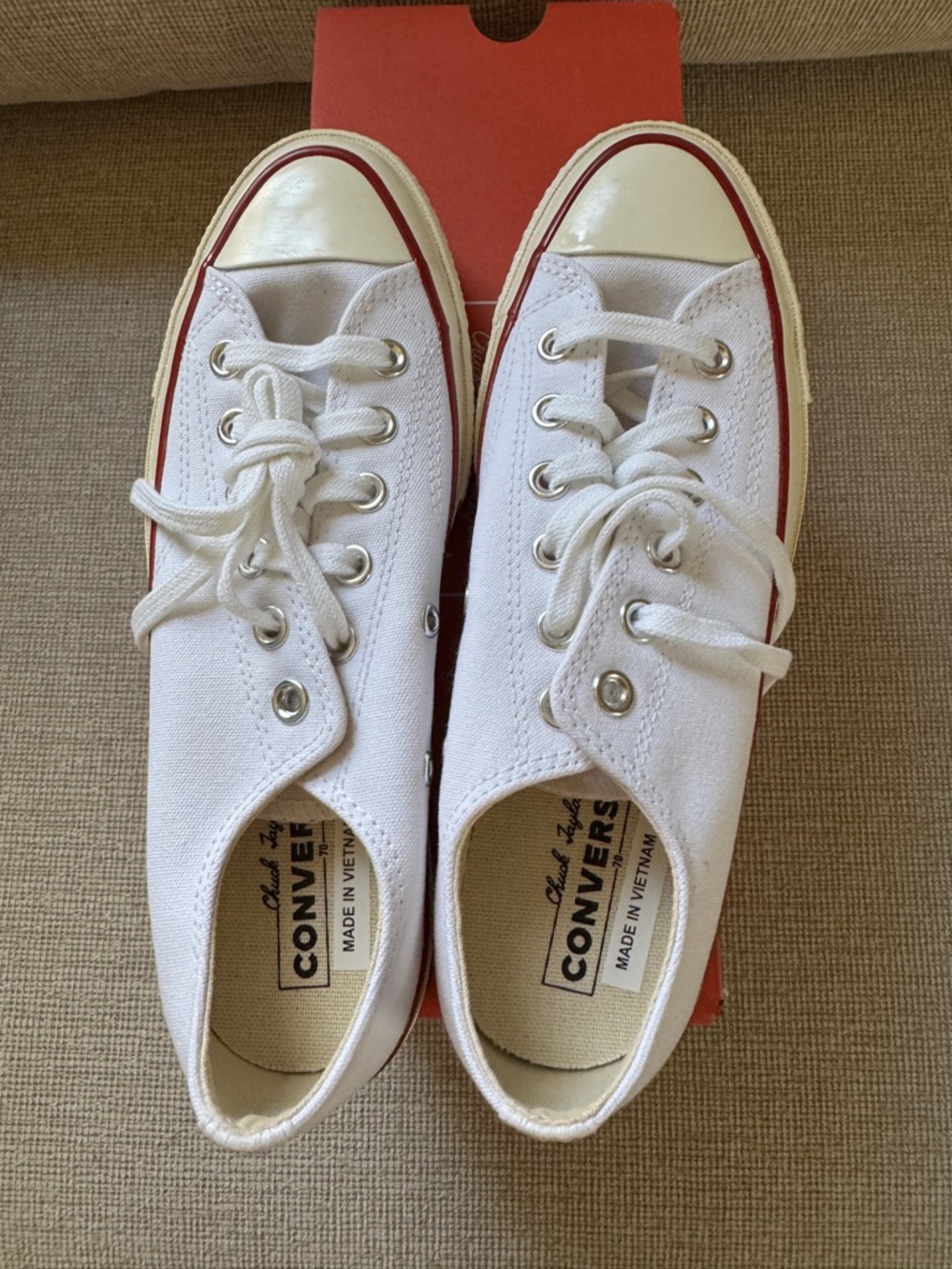 Converse Women's White Low Top Canvas Sneakers with Red Trim